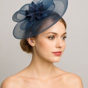 Elegant Navy Blue Mesh Fascinator Hat w/ Floral Detail & Headband/ Derby Wedding